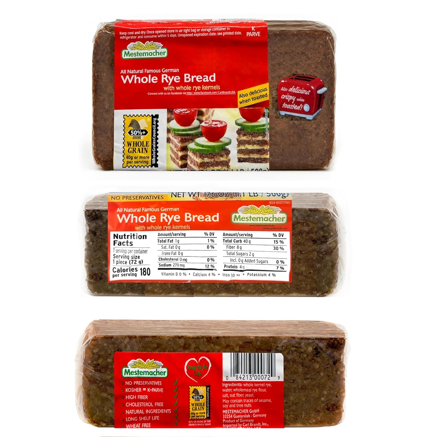 Mestemacher Natural High Fiber Bread 3 Flavor Variety Bundle: (1) Mestemacher Organic Three Grain Bread, (1) Mestemacher Pumpernickel Bread, and Mestemacher Whole Rye Bread, 17.6 Oz. Ea. (Pack of 3)