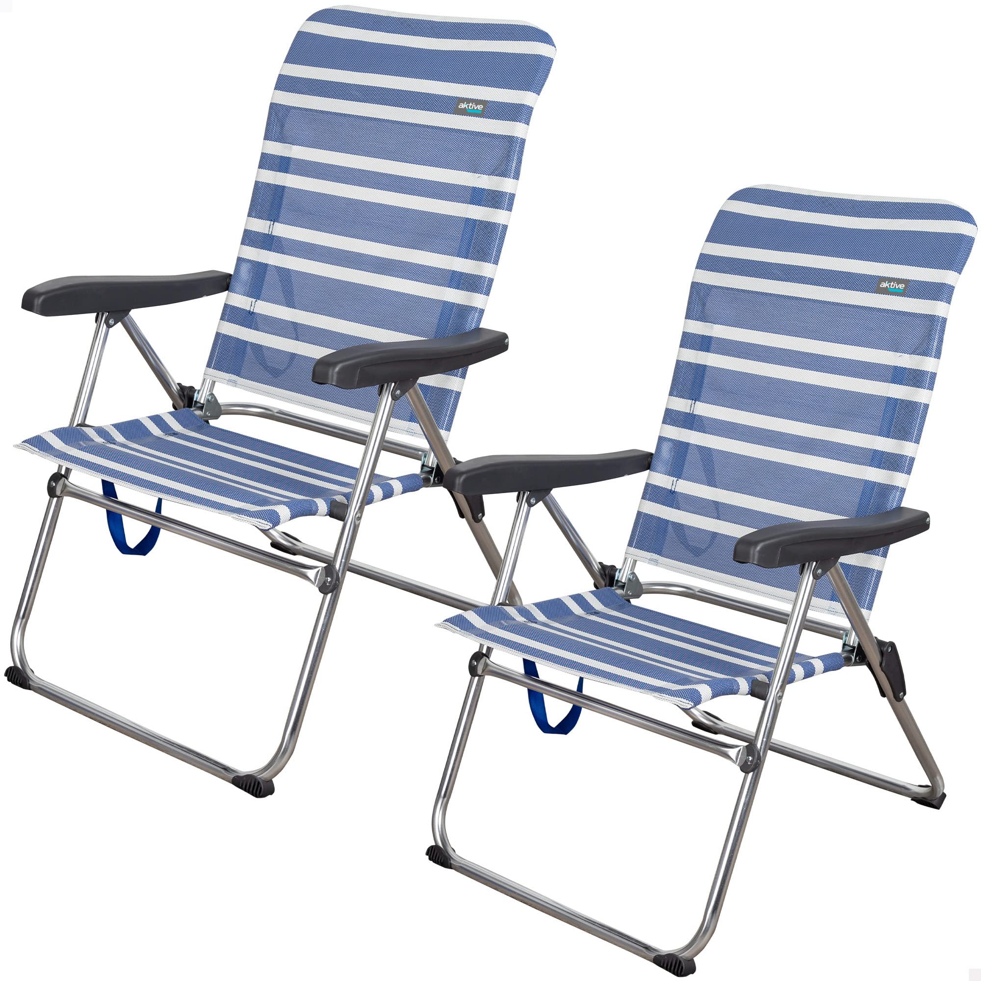 AKTIVE Camping - Lot de 2 Chaises de Plage Pliantes Mykonos, Multipositions avec Protections Anti-Renversement, Économique, 46,50 X 63 X 93 cm, Bleu et Blanc