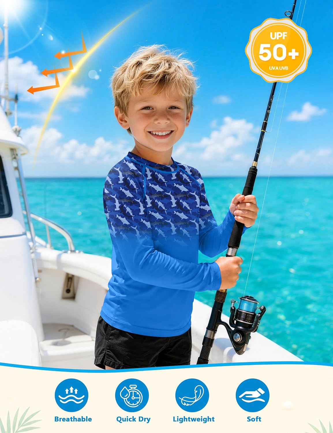 Boys UPF 50+ Long Sleeve Rash Guard, UV Sun Protection Swim Shirt