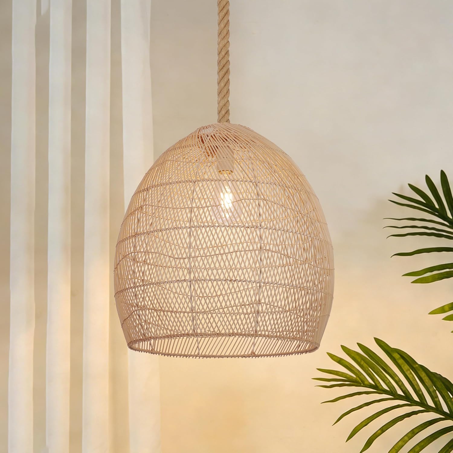 13.7" Boho Rattan Pendant Light Fixture, Hand Woven Pendant Lights Kitchen Island Farmhouse Rustic Wicker Hemp Rope Chandelier Hanging Lamp for Dining Room, Bedroom, Living Room, Entryway, Foyer