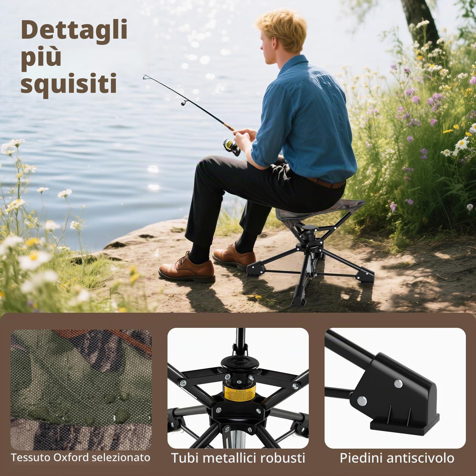 KOMFOTTEU Sgabello pieghevole da campeggio, sedia portatile da caccia con borsa da trasporto, sedile da pesca treppiede con base antiscivolo e carico 150 kg, per picnic, 43 x 39 x 37 cm (mimetico)