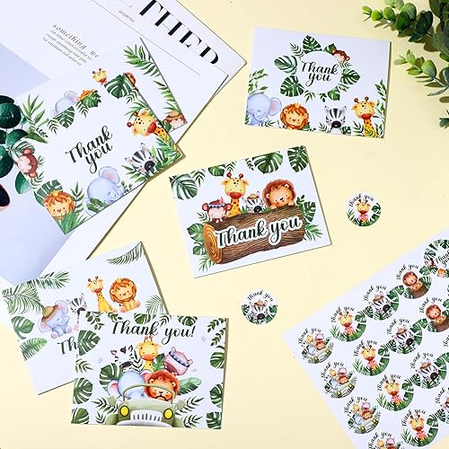 Miniatura 3 de 100 tarjetas de agradecimiento de la selva de safari con sobres, calcomanías de animales del bosque, tarjetas de felicitación de vegetación,