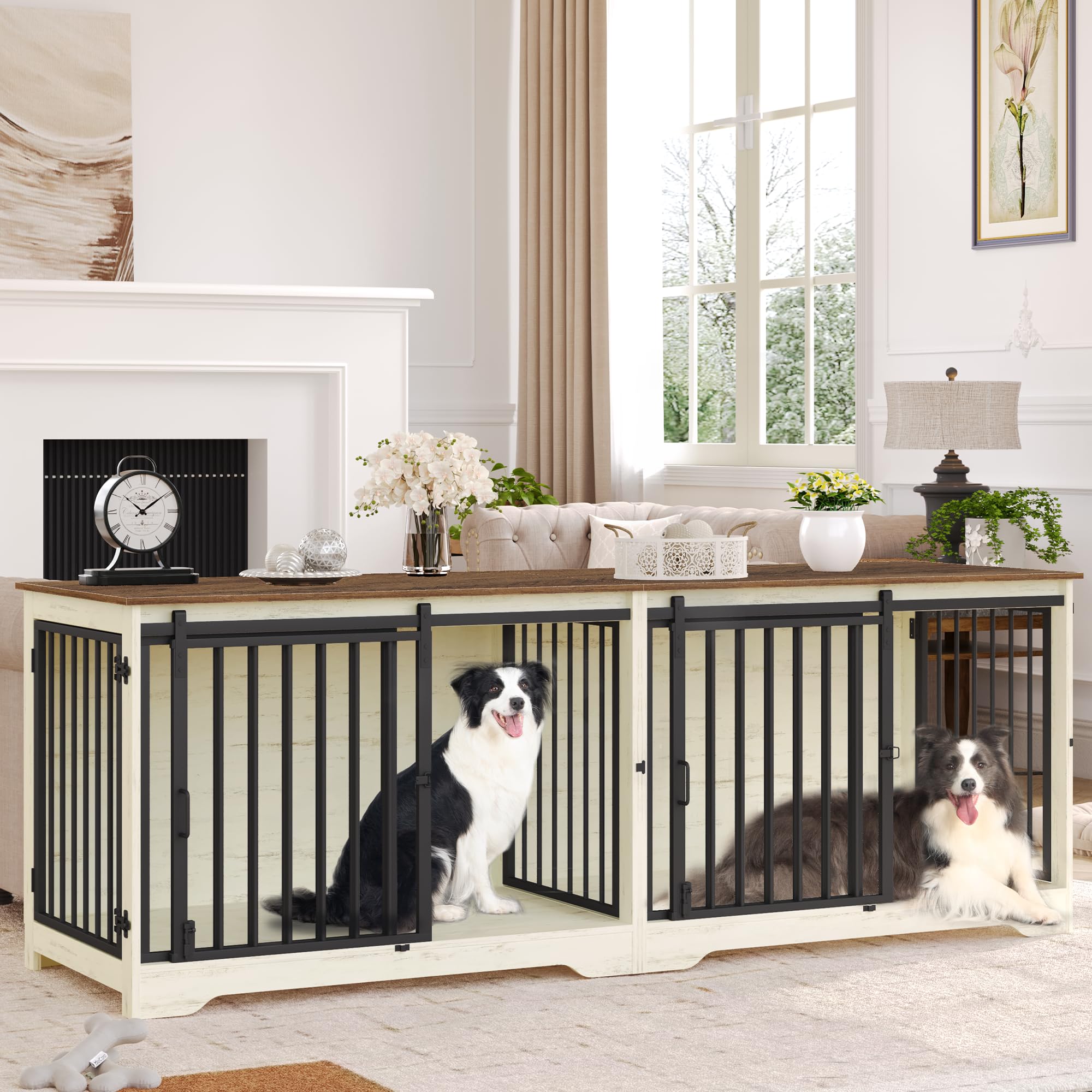 Hzuaneri Meuble pour Cage de 2 Chiens, Cage Double avec Séparateur, Niche en Bois, Cages avec Porte Coulissante, Design Meuble TV pour Chiens de Moyens et Grands Taille, Blanc et Marron DFC93714B