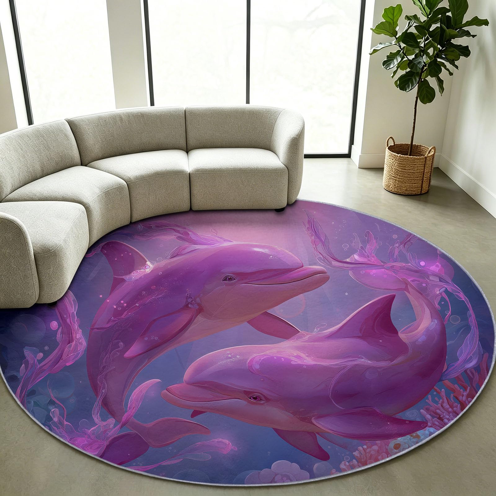 Générique Tappeto rotondo fantastico racconto animale delfino mondo sottomarino, 180 cm, tappeto antiscivolo, lavabile in lavatrice, pelo corto, morbido tappeto soggiorno, ingresso scendere, ufficio