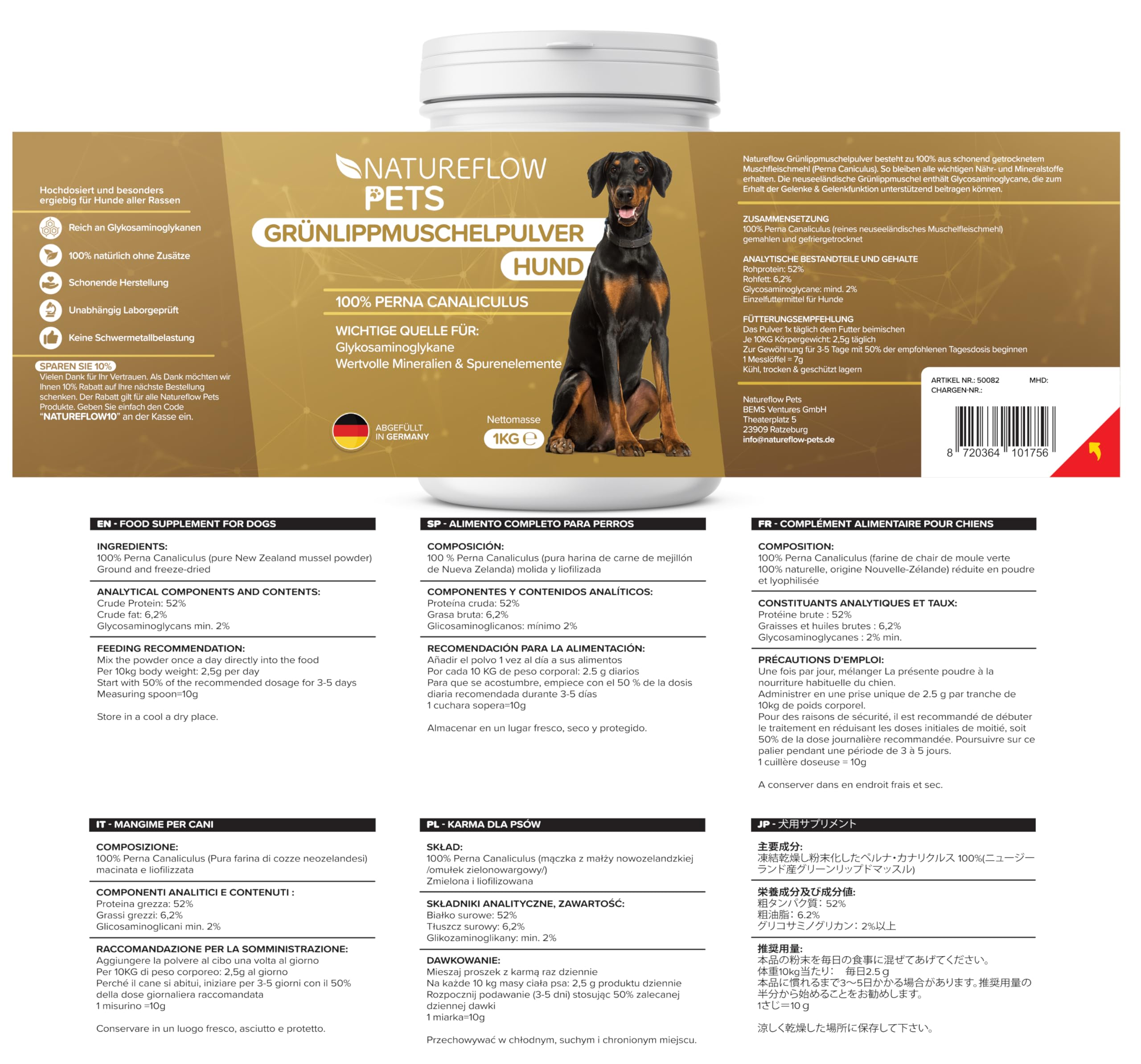 Grünlippmuschel Hund TESTSIEGER - 500g natürliches Grünlippmuschelpulver für Hunde - Unterstützung der Gelenkfunktion - Grünlippmuschel für Hunde mit Hoher Akzeptanz - Grünlippmuschelpulver Hund