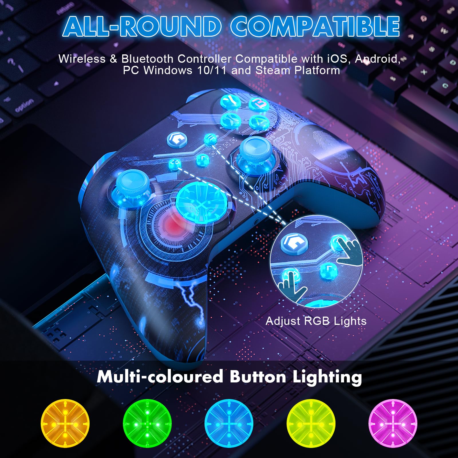 Lapezei Wireless RGB Controller für Xbox Series S/X, mit Xbox One/PC/Android/iOS, Bluetooth Gamepad mit Rücktasten, Vierfach Vibration, Turbo, Makro, 6-Axis Sensor, 3.5mm Audio Jack