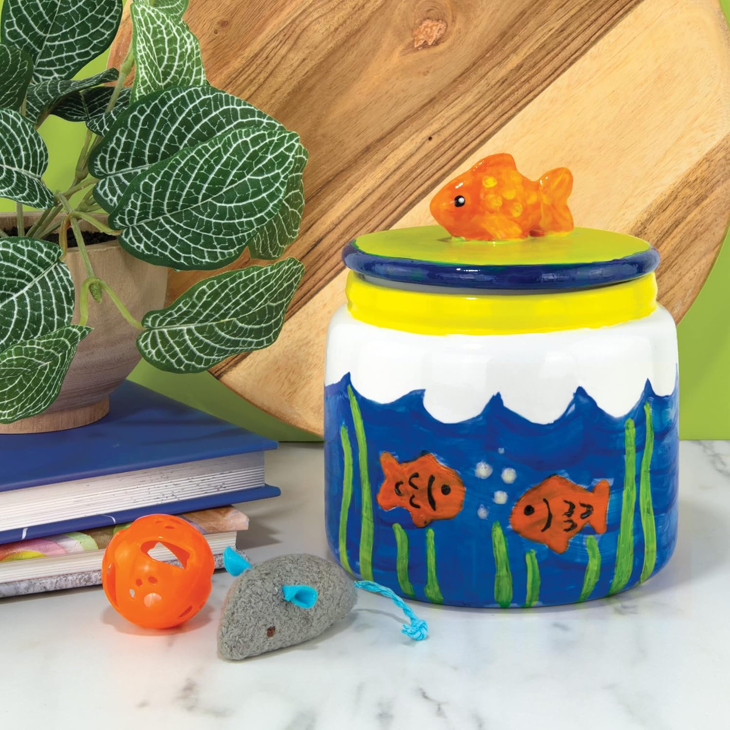 MindWare Paint Your Own (PYO) Cat Treat Jar Craft Kit for Kids - Includes Porcelain Treat Jar, Paint, Brushes and Instructions