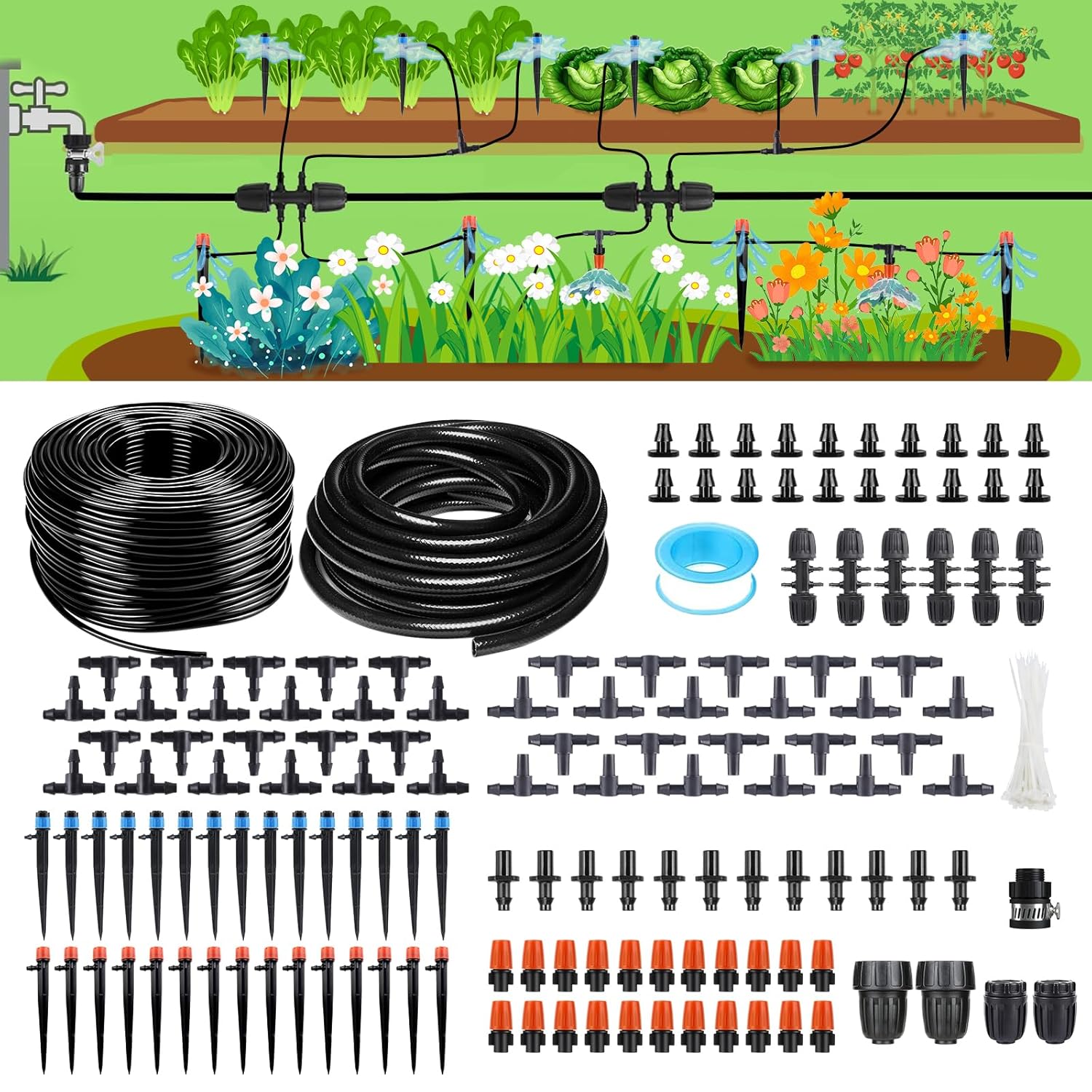 256FT Automatic Drip Irrigation System Kit,Automatic Garden Watering Misting System for Greenhouse, Yard, Plant ，Lawn with 1/2 inch Hose 1/4 inch Distribution Tubing and Accessories