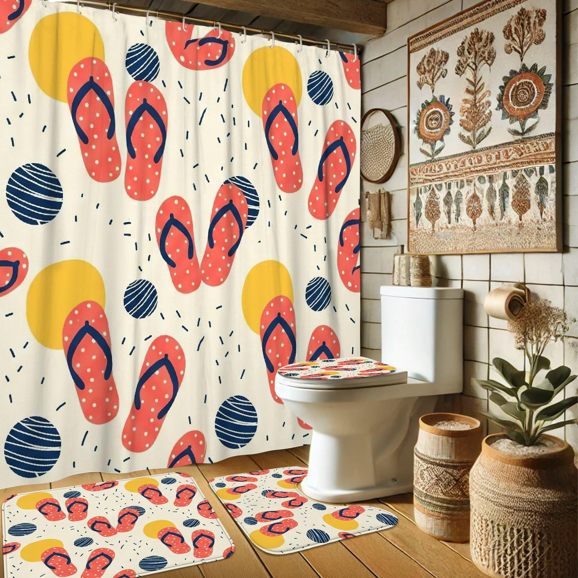 Rideau de douche imperméable en polyester avec tapis assorti 183x183 cm