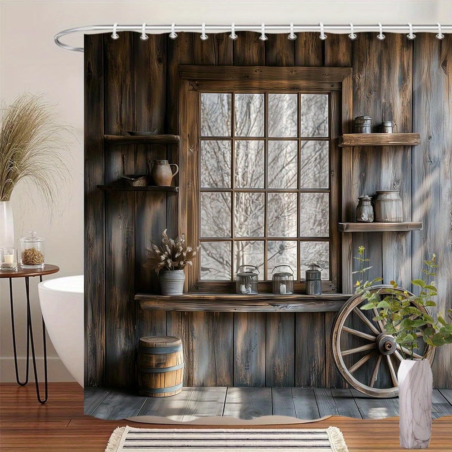 Rustic Wooden Shower Curtain Farmhouse Bathroom Waterproof Polyester Fabric Washable Bath Curtain with Hooks Bathtub Decor 35x75in-90x190cm/WxH
