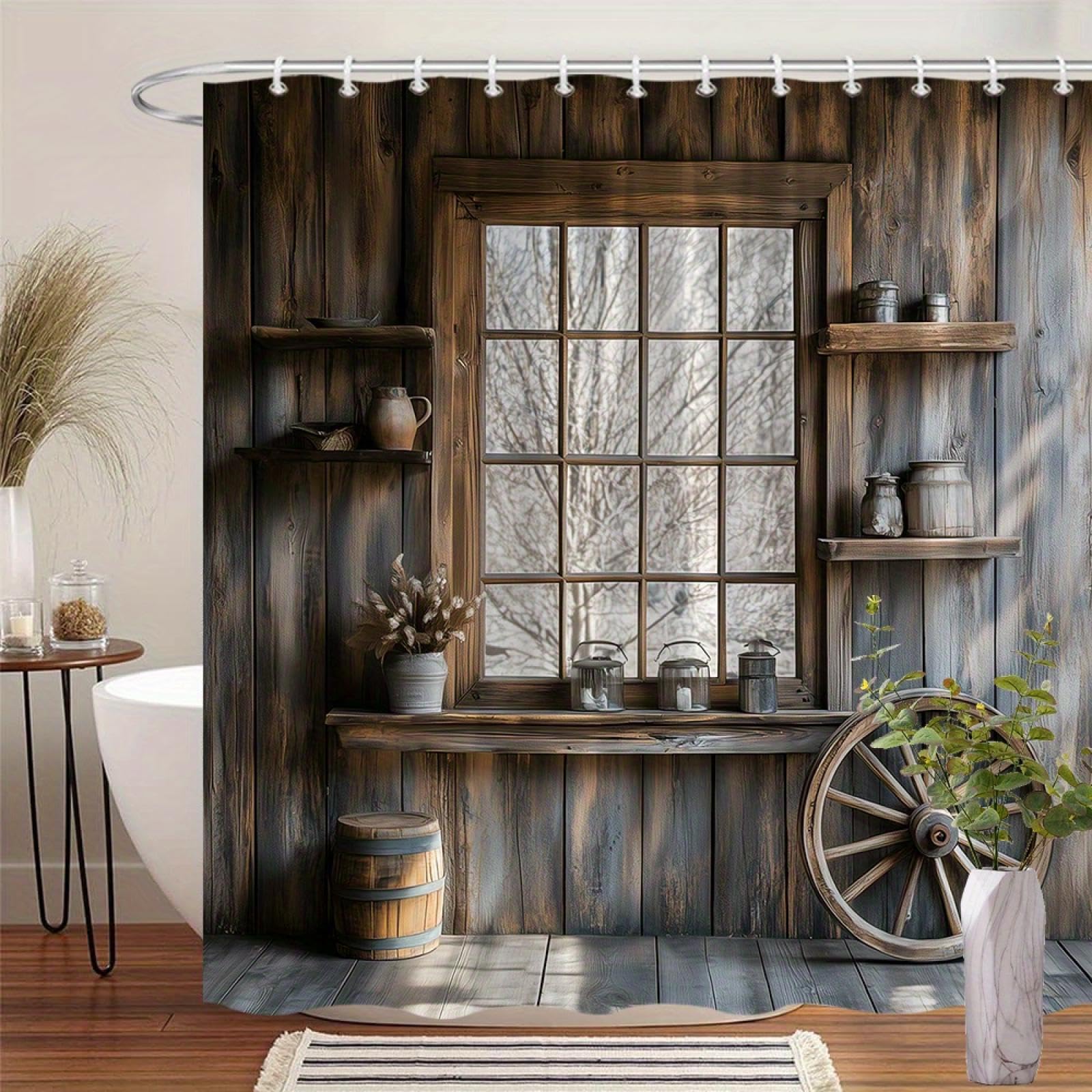 Rideau de douche rustique en bois style ferme imperméable polyester 160x200cm