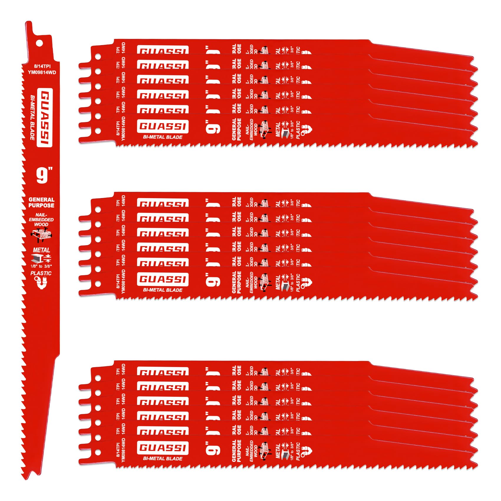 Paquete de 15 hojas de sierra alternante 8/14TPI de 9 pulgadas para todos los cortes de uso general, incluyendo madera, madera incrustada en clavos, plásticos y metal grueso de demolición de 1/8 a 3/8