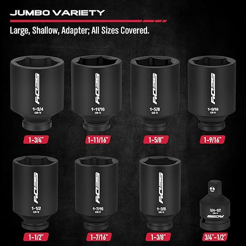 Miniatura 5 de SAE Juego de llaves de impacto profundo de 8 piezas de 12 pulgadas, llave de tuerca de eje de rueda motriz, enchufes grandes, adaptador estándar