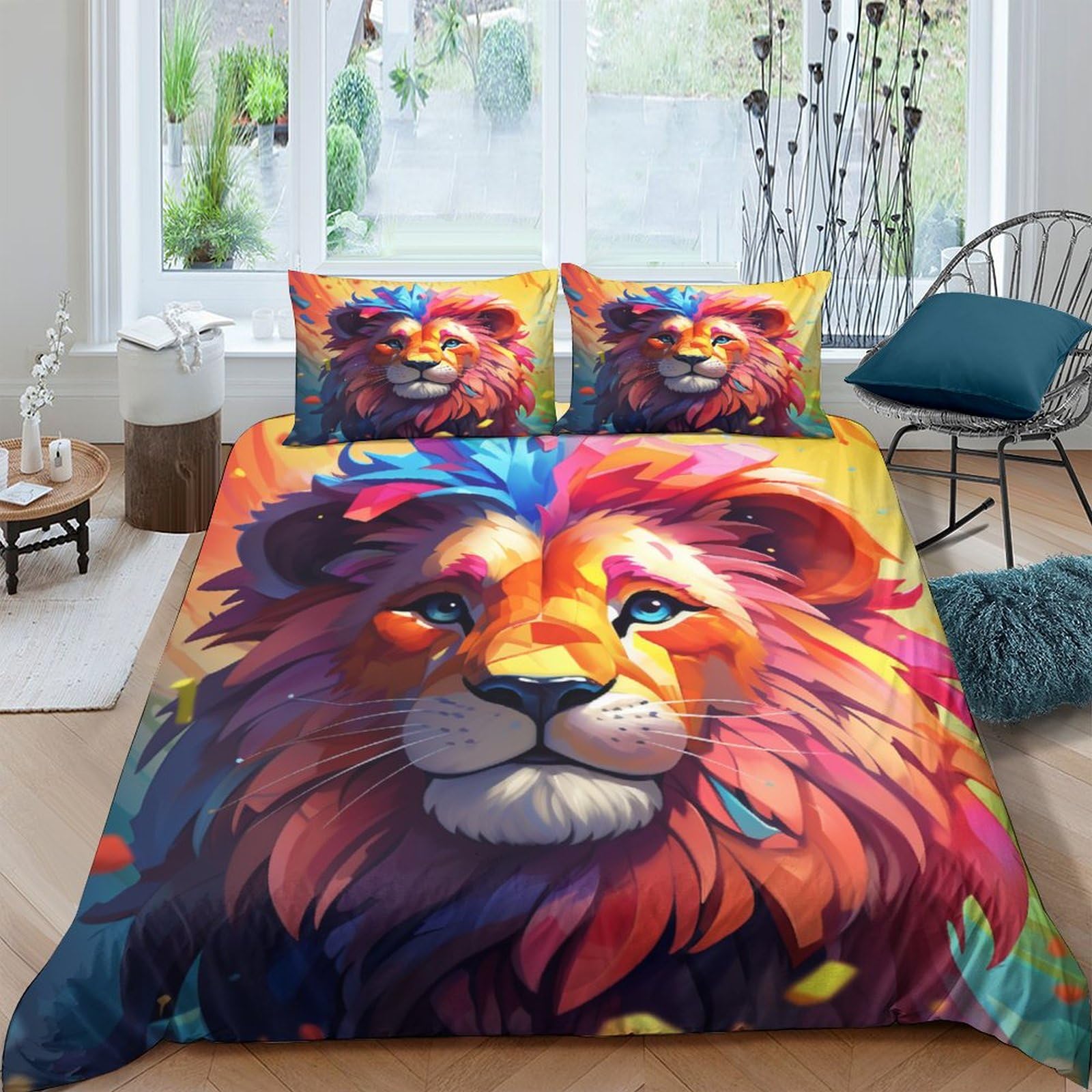 Parure de couette lion 200x200 cm avec 3 pièces en microfibre éblouissante