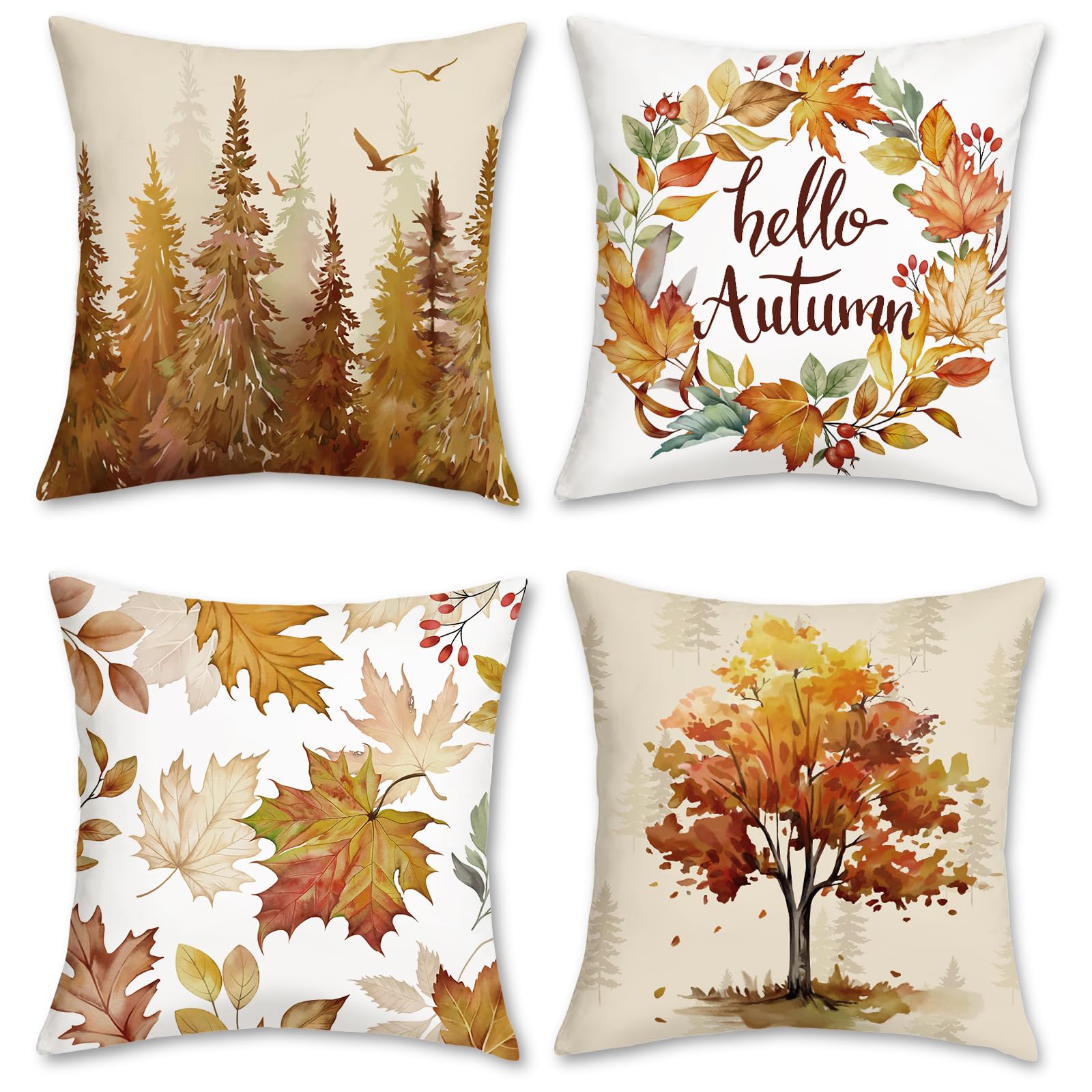 COZZSNUGE Fall Throw Pillow Covers Hello Autumn Pine Tree Maple Leaves Wreath Velvety Decorative Pillowcases for Sofa Bed