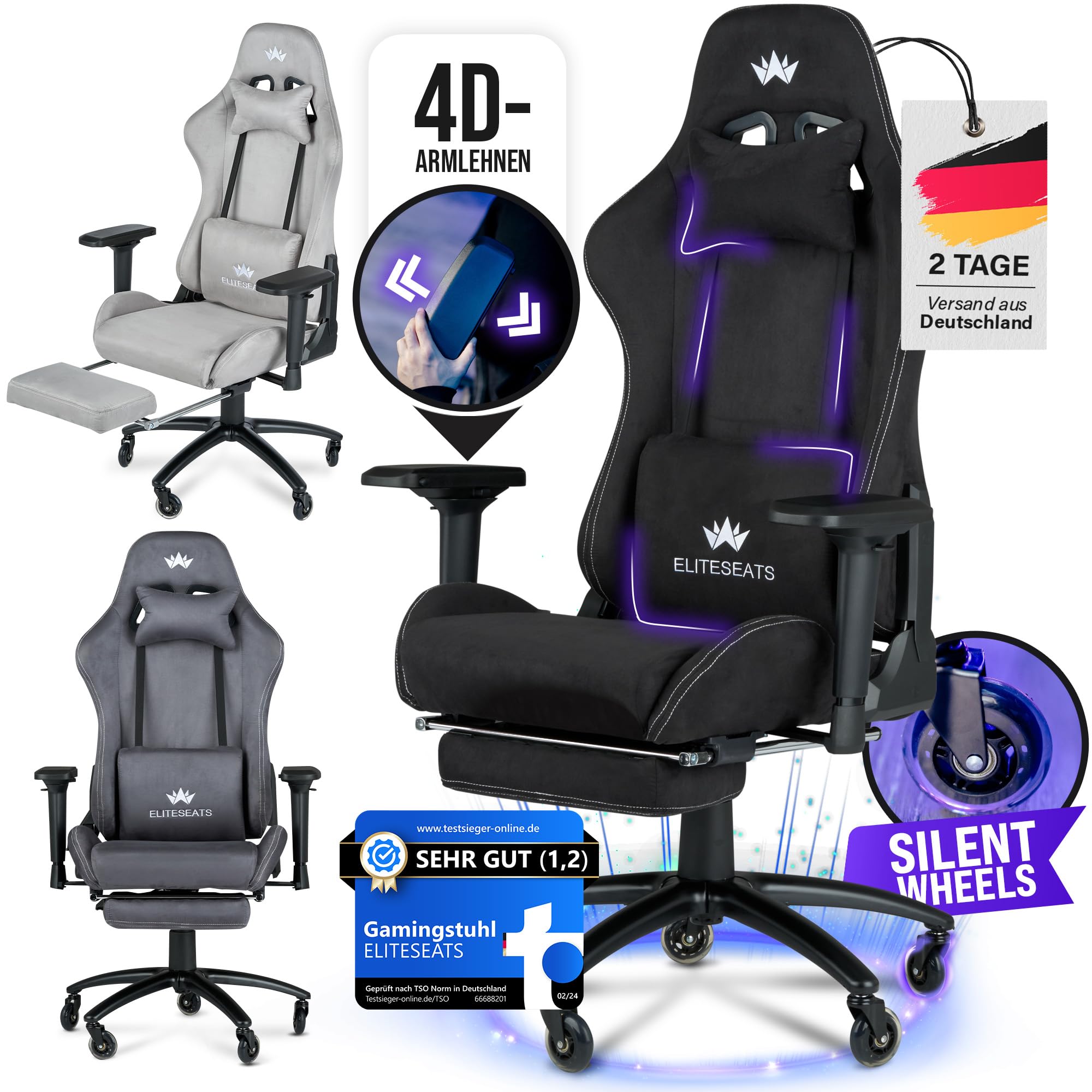 ELITESEATS Gaming Stuhl Ergonomisch TESTSIEGER Kratzerfreie Rollen Atmungsaktiv 4D-Armlehnen Fußstütze 150 kg Belastbarkeit
