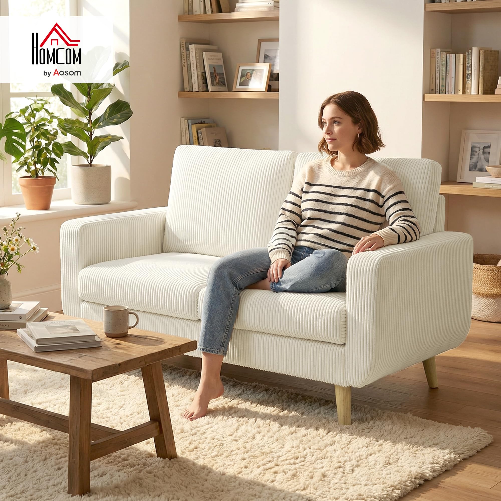 HOMCOM Sofá de 2 Plazas con Cojines de Resortes 134x74x84 cm Blanco Crema | Tapizado en Pana, Sofá Moderno, Acolchado, Respaldo Grueso, Patas de Madera, Dormitorio, Oficina, Sala de Estar
