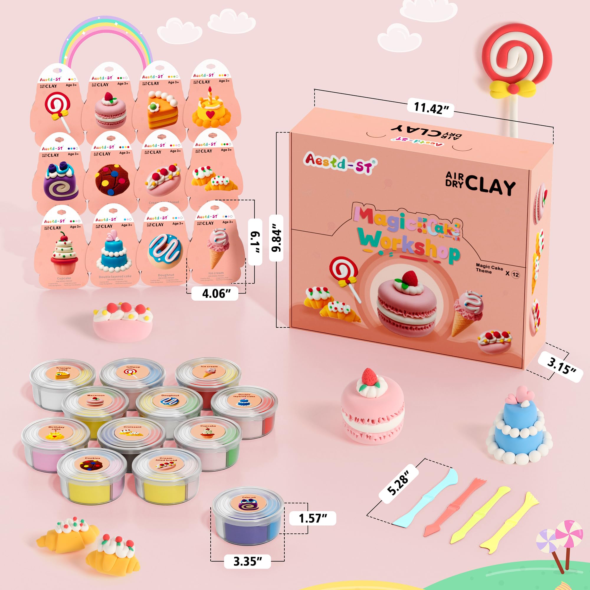 Air Dry Clay Kit - Cake Themed, Modeling Clay for Kids, DIY Model Magic Clay with Sculpting Tools and Tutorials, 12 Boxes Molding Clay, Ultra Light, Soft & Non-Sticky, Arts and Crafts Gift for Kids