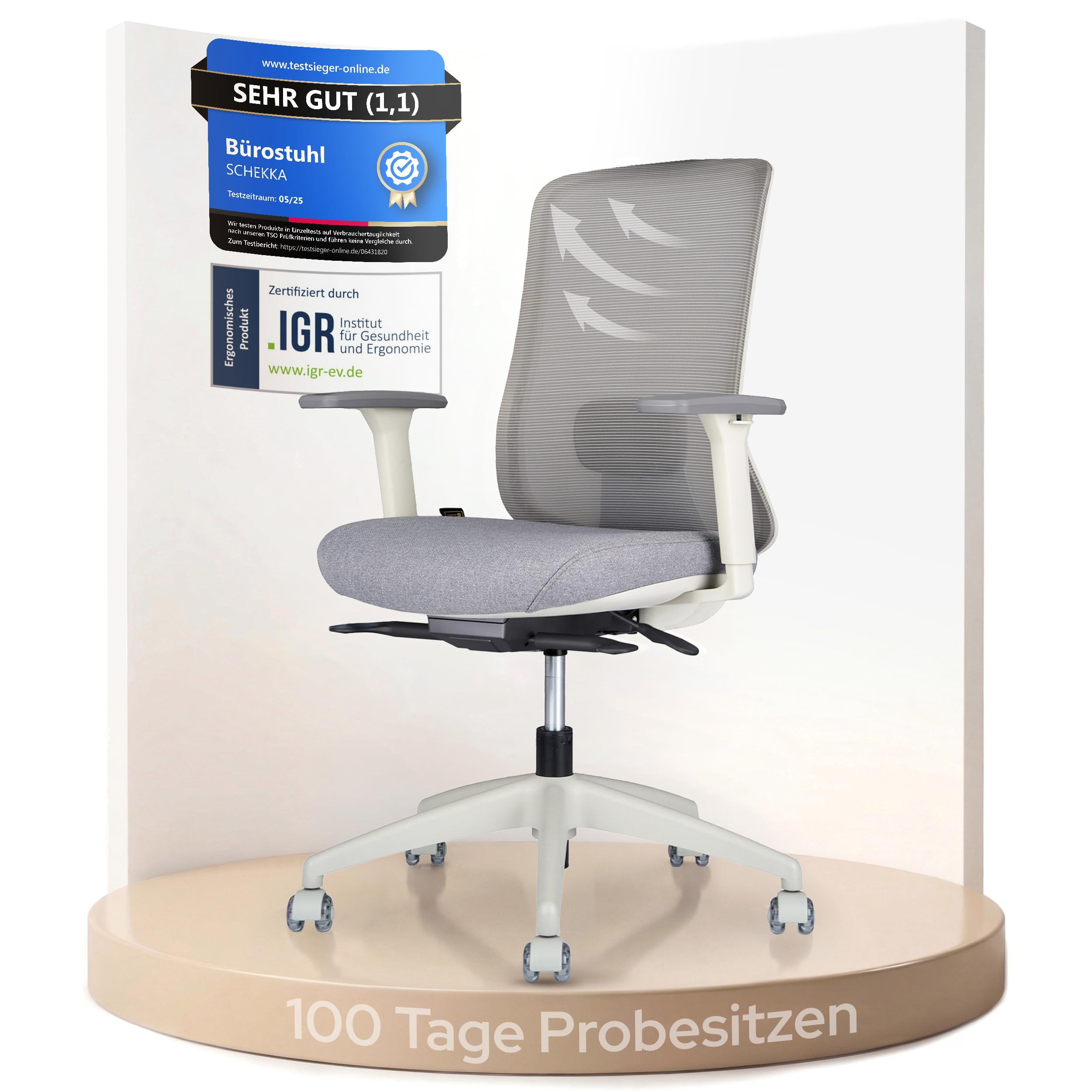 ErgoPrime PRO Bürostuhl ergonomisch TESTSIEGER - IGR Zertifiziert - Schreibtischstuhl 100% individuell einstellbar - Home Office Chair Drehstuhl - Bürostuhl 150 kg Grau