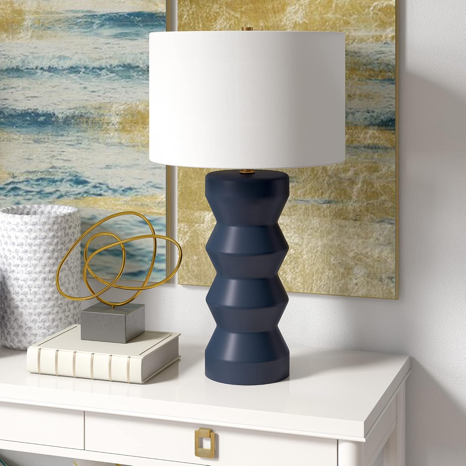 Carlin 28" Tall Ceramic Table Lamp with Fabric Shade in Matte Navy/White