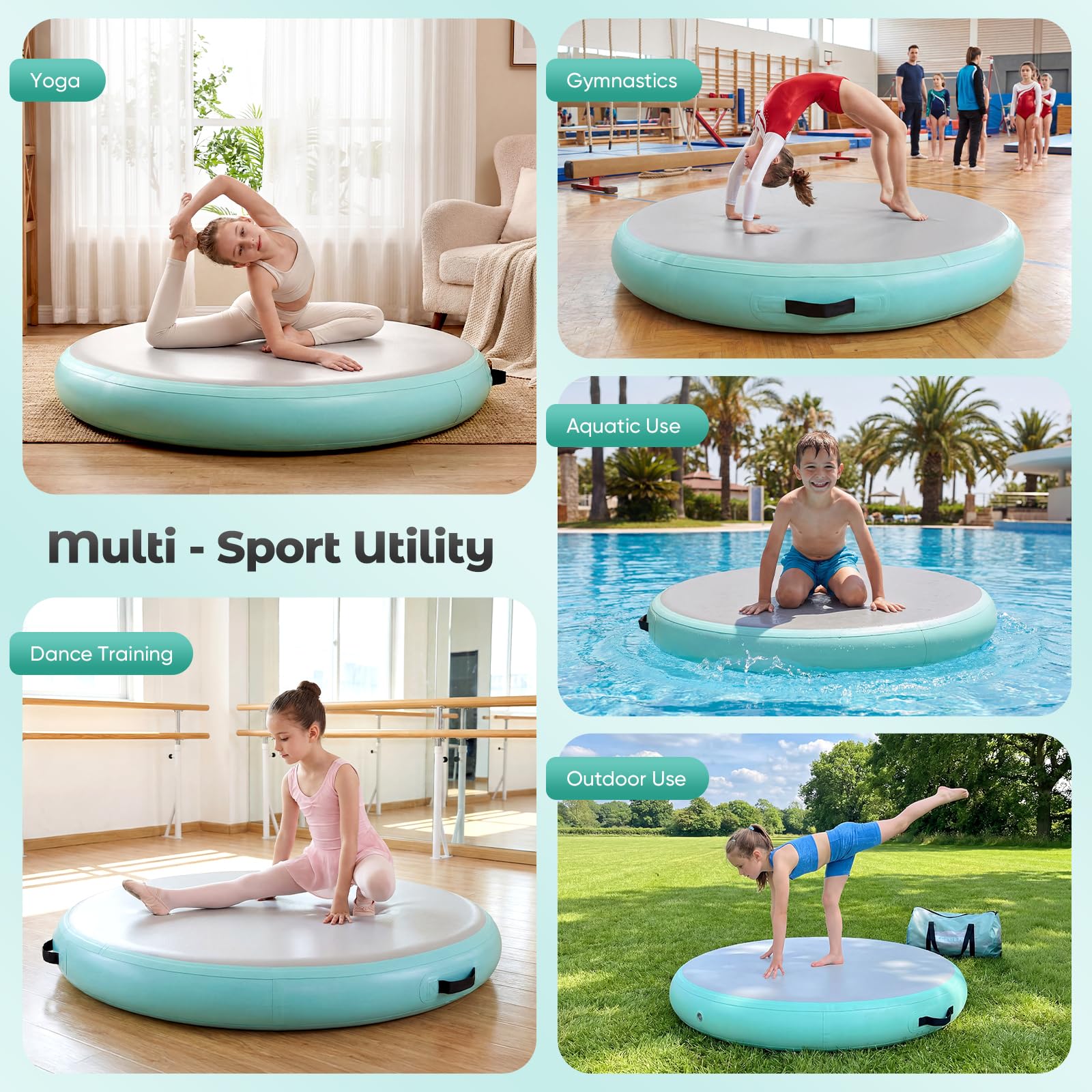 Colchoneta hinchable redonda, 90/100 cm, rollo de aire para gimnasia, material de PVC con 15 cm de grosor, incluye bomba de aire eléctrica