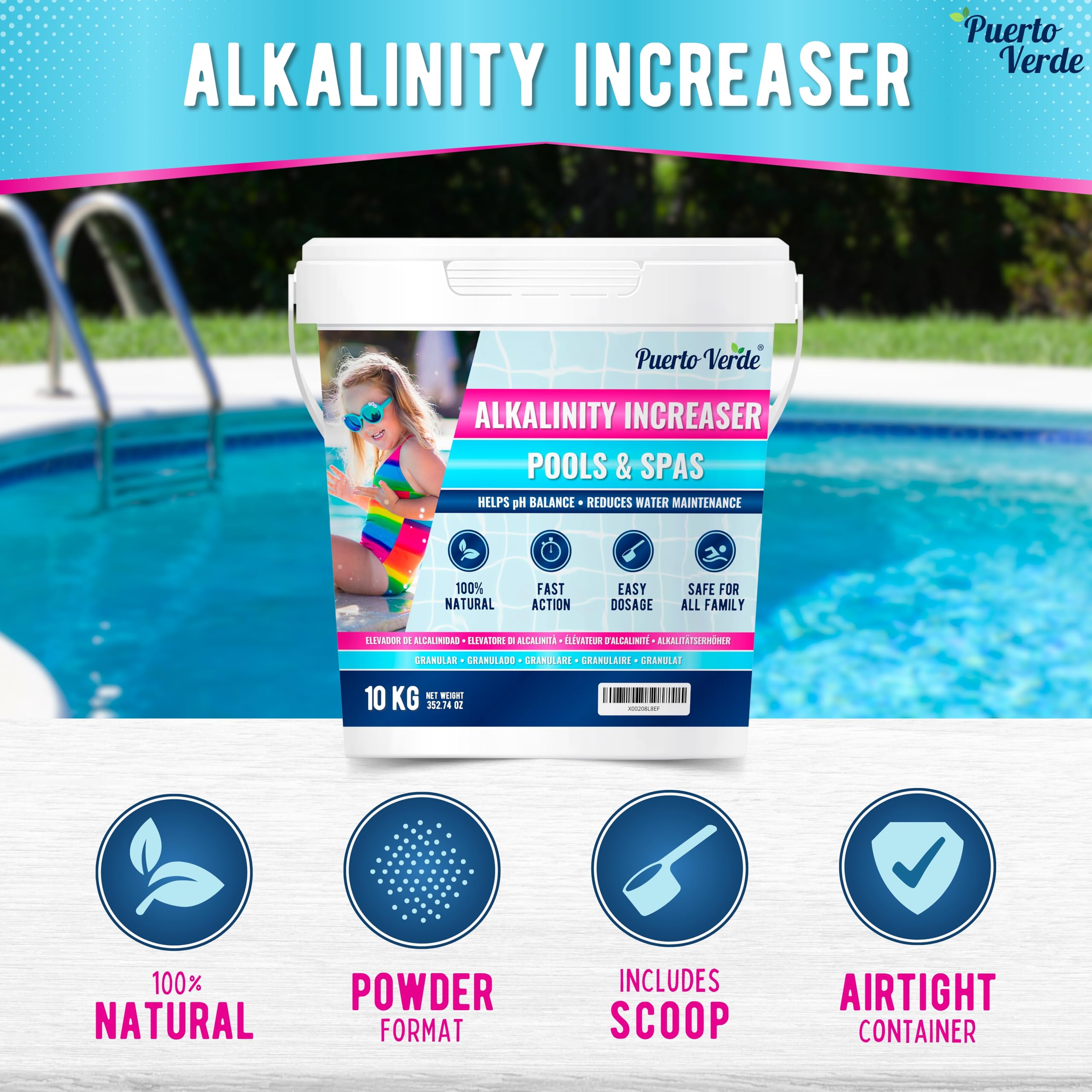 • Pool & Spa Alkalinität Heber 10 Kg. Korrektur der Gesamtalkalität (TAC) & pH-Balance. Schnell Wirkend. Pulver-Format. Hermetischer Eimer. Inklusive Dosierbecher. Europäische Produktion.
