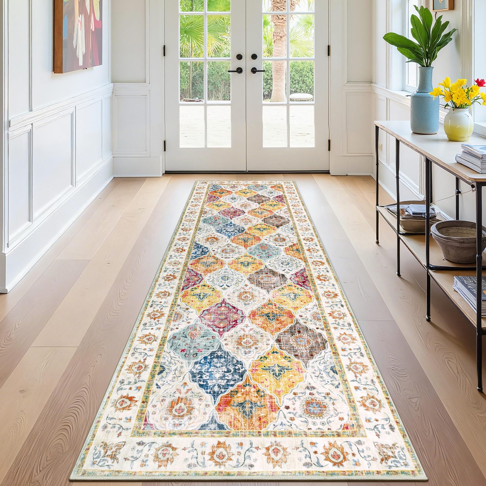 SHACOS Alfombra de Pasillo Larga 60x240cm Alfombra Corredor Antideslizante Estilo Bohemio Alfombras de Área Lavable Suave Geométrica para Pasillo, Salon, Dormitorio, Cocina, Lavandería