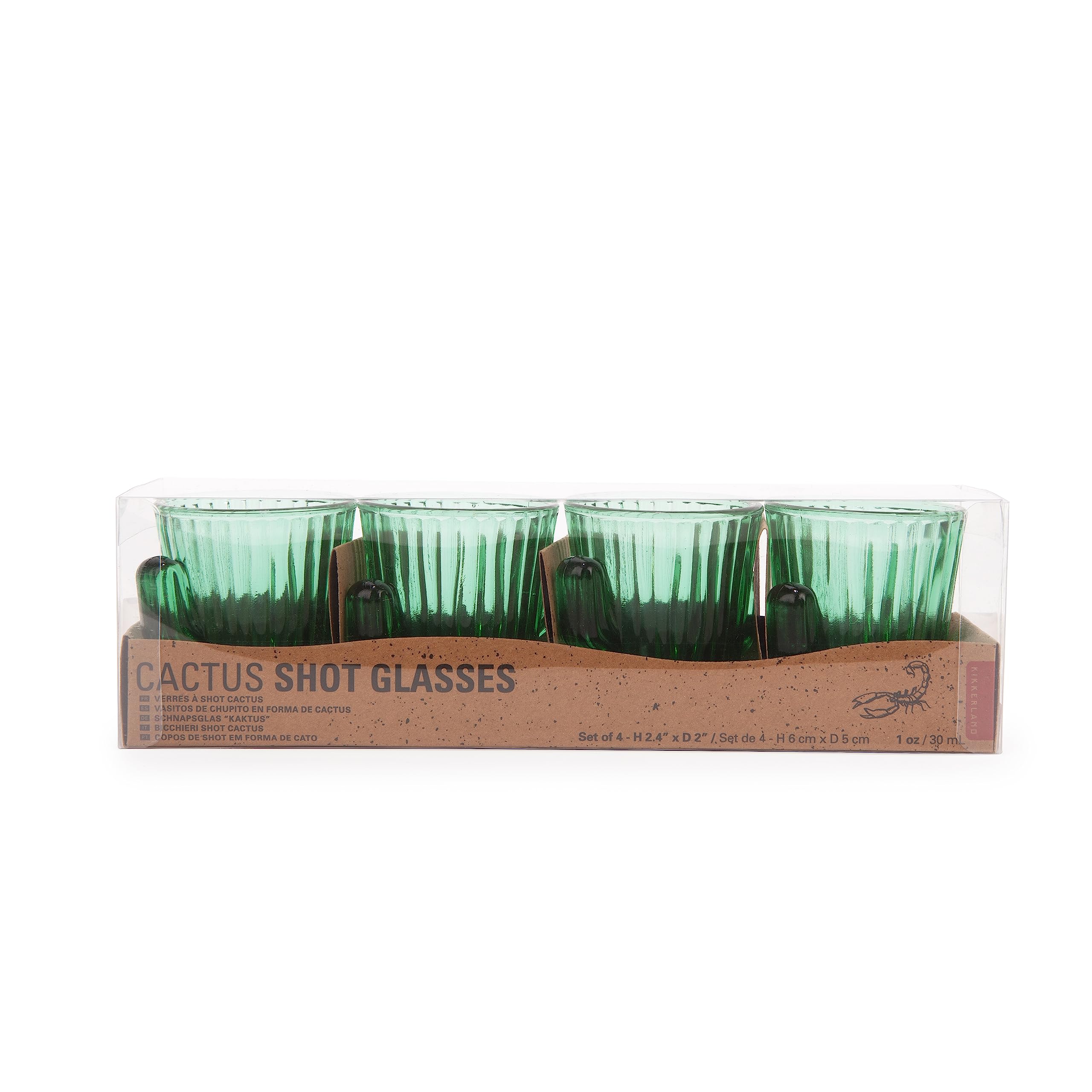 Kikkerland Tequila Shots Green Cactus Glass Shot Glasses, Shooters, Set of 4, 1oz capacity, for Party Supplies, Southwest Theme