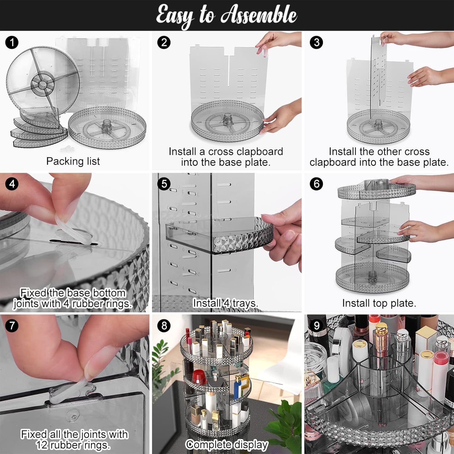Organiseur de maquillage rotatif en acrylique, rond, 7 couches, grande capacité, convient aux pinceaux de maquillage, rouges à lèvres, salle de bain, coiffeuse, gris