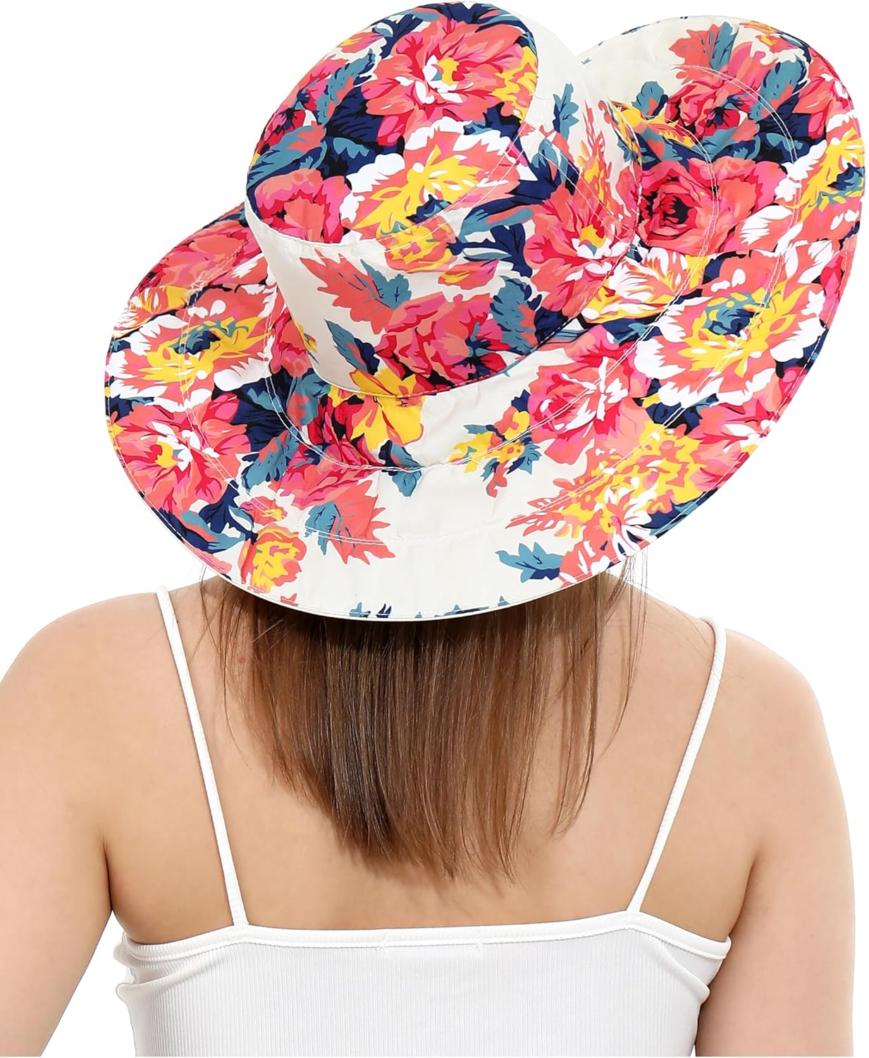 Womens Wide Brim Sun Hat Reversible Print UV Protection Oversized Beach Cap Travel UPF 50+(M Beige) - Image 8