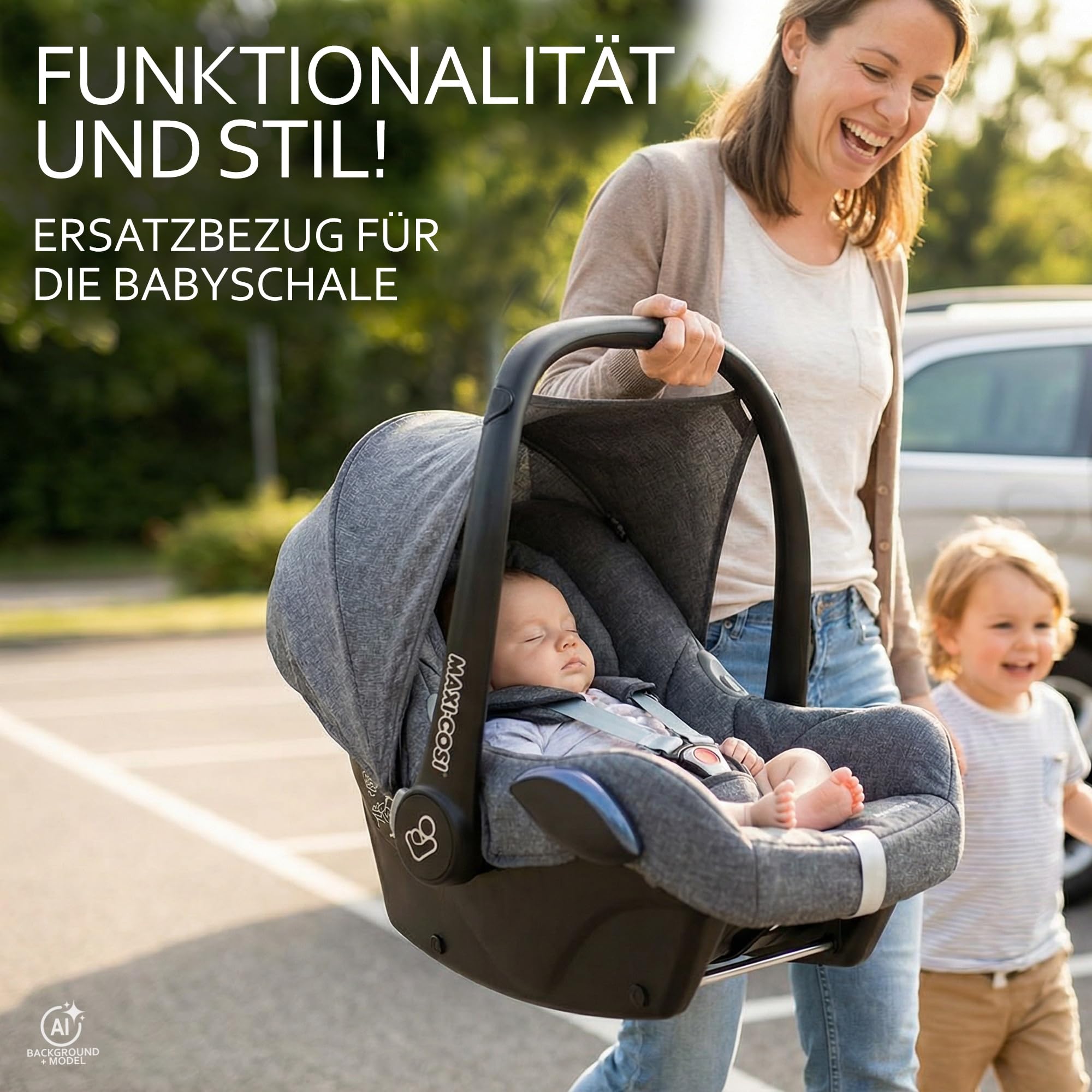 Ersatzbezug Babyschale kompatibel mit Maxi-Cosi Cabrio Fix grau/beige | 6-tlg Komplett-Set, inkl. Sitzbezug, Gurtpolster, Sonnenverdeck & Kopfstütze, gepolstert