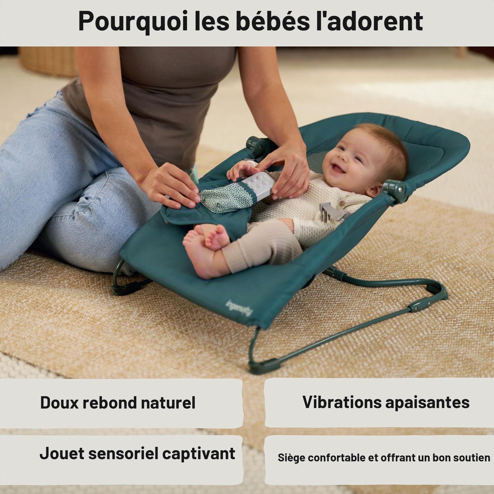Ingenuity Stow & Go transat bébé compact pliable, siège portatif léger avec vibration et jouet, vert, moins de 2,3 kg