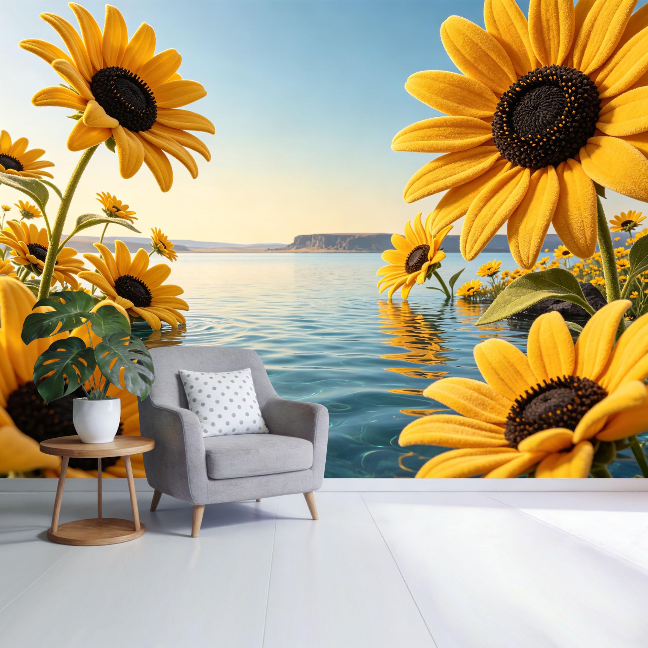 Custom Size Wall Mural Sunflower Field by the Lake Landscape Botanical Ocean View SelfAdhesive Wall Fabric Removable Wallpaper for Home Office Decor