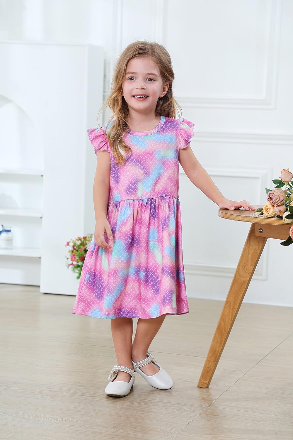 Miniatura 3 de Vestido de unicornio casual con mangas con vuelo para niñas pequeñas, vestido de verano para fiesta de cumpleaños, vestidos de verano de 1 a 8 años