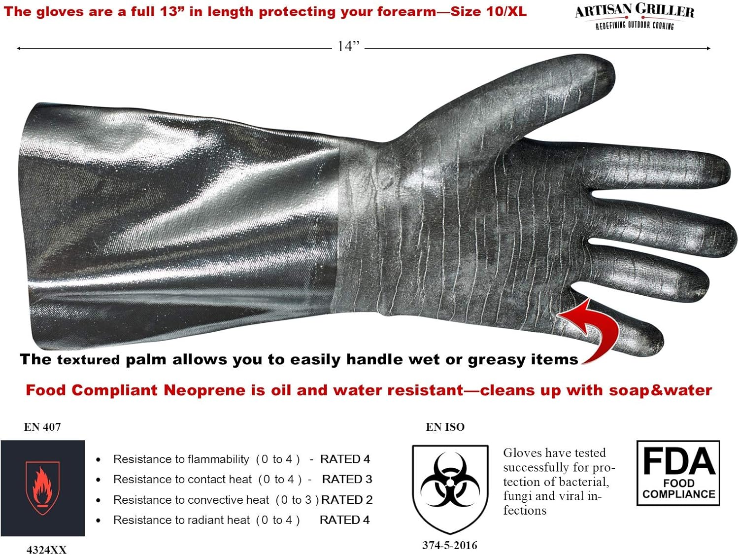 Artisan Griller BBQ Gloves Extreme Heat Resistant Grill Smoker Fryer Oven Kitchen Cooking Gloves. Great Barbecue Smoking Oyster Meat Glove– Long XL Waterproof, Oil Resistant -(Size 10/XL – Black) : Patio, Lawn & Garden