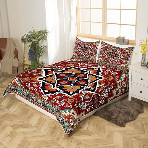 Miniatura 2 de Erosebridal Juego de funda de edredón floral tribal, tamaño Queen, diseño de flores geométricas, color rojo, verde azulado, verde, cuadriculado,