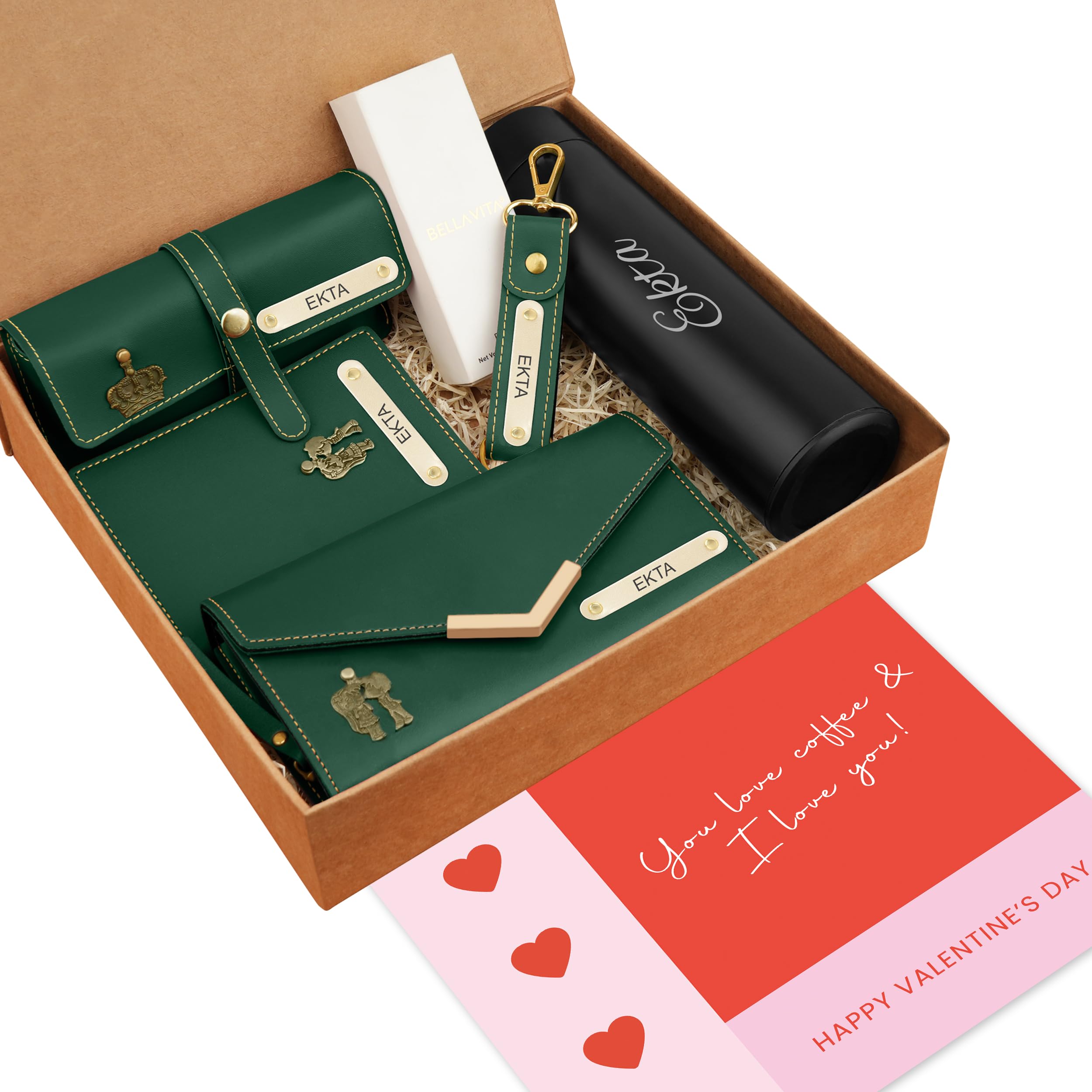 Personalized Travel Love Gift Hamper For Women 6 In 1 Gift Set | Best for Valentine's Day Gifting | With Free Personalized Greeting Card (Green)