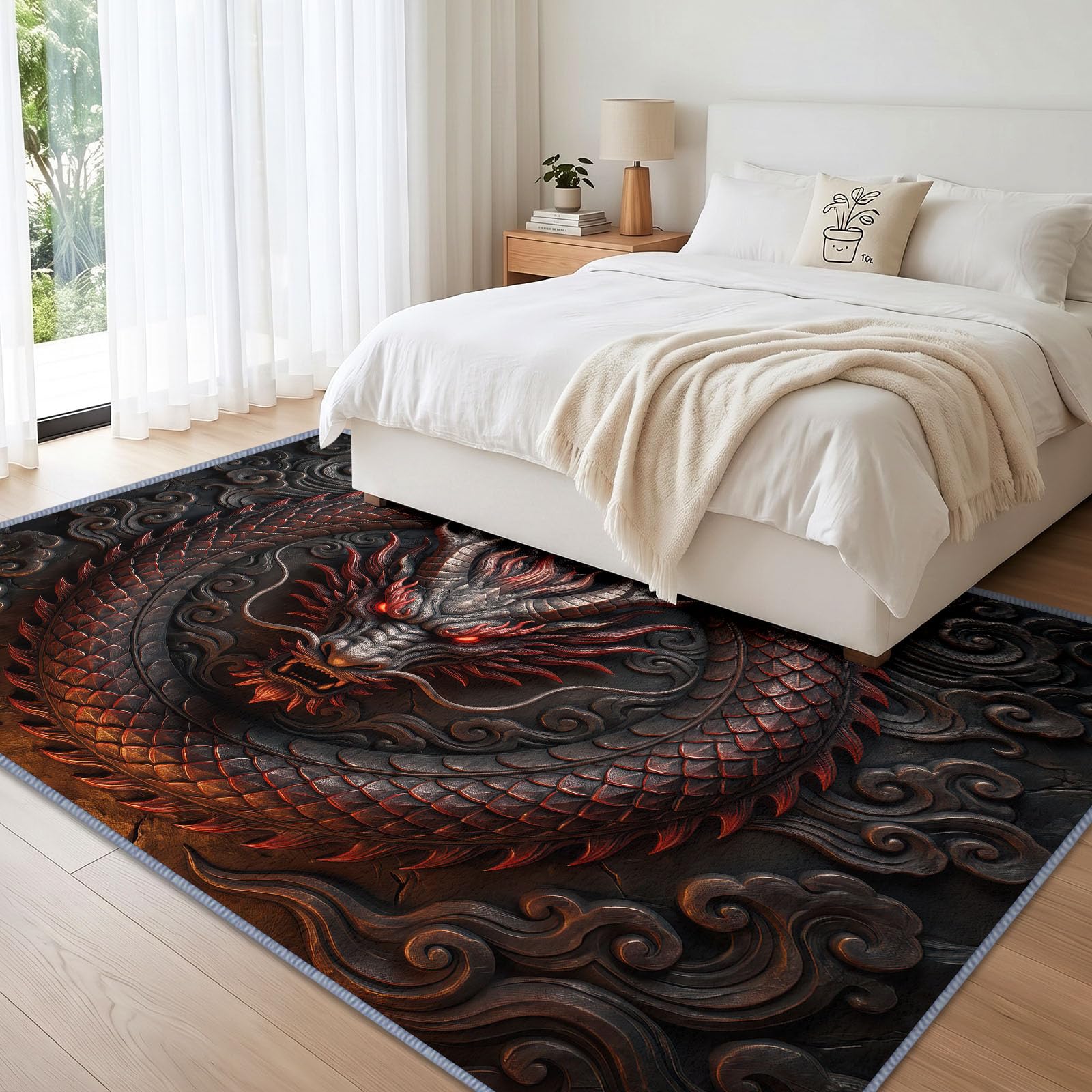 Tapis Oriental Mythologie Asiatique Facile d'entretien Antidérapant, Rouge et Noir Relief de Dragon Tapis 240 x 300 cm Antidérapant Choix Raffiné pour Chambre d'amis ou Salon Salle à Manger Chambre