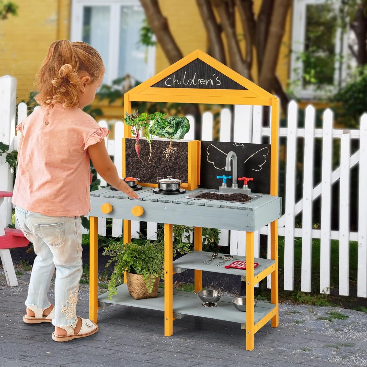 FANTASK Matschküche Kinder Outdoor, Kinderküche Tannenholz mit Pflanzbehälter & 2 Kreidetafeln & Wasserhahn & Waschbecken (Blau)