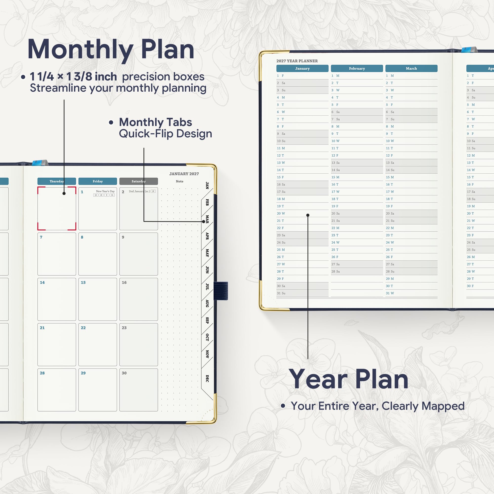 Agenda semanal y mensual 2026-2027 con ranuras horarias, calendario académico de 18 meses de julio de 2026 a diciembre de 2027, diseño vertical, pestañas mensuales, tapa dura con diseño de