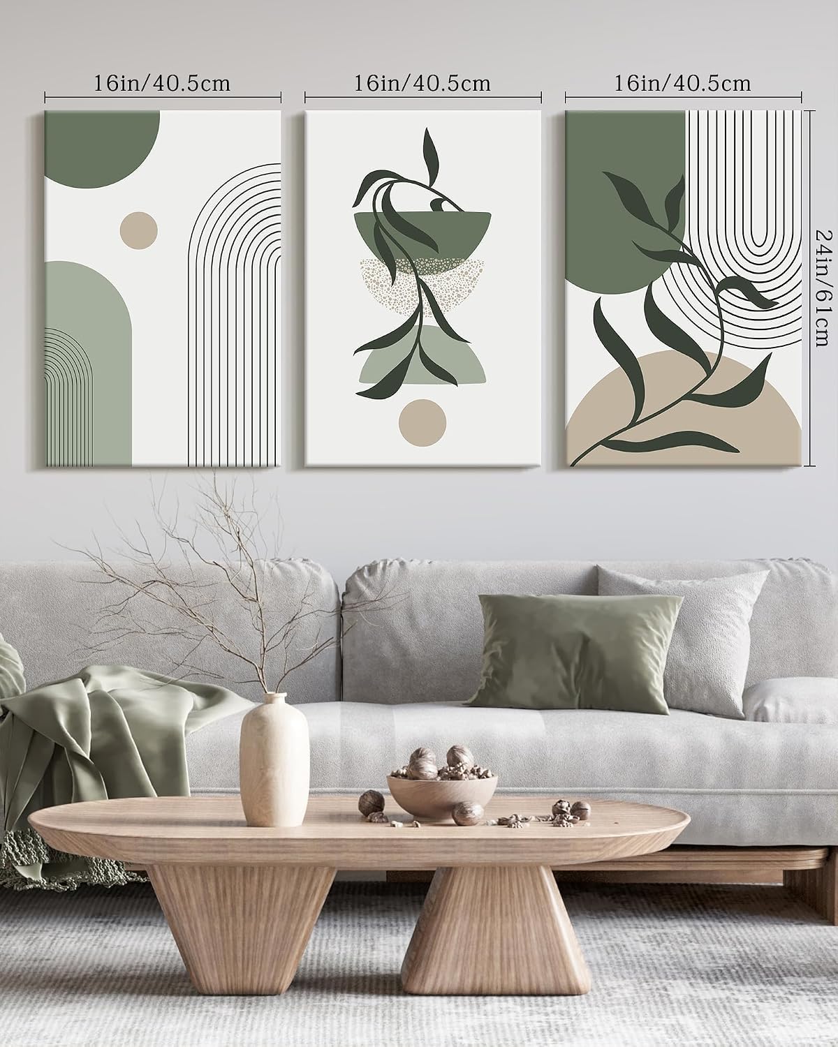 KUVIOKE Botanical Boho Framed Wall Art Modern Bohemian Plants Wall Decor Green Geometry Lines Prints Artwork for Living Dining Room Decor 16x24in (Black Framed)