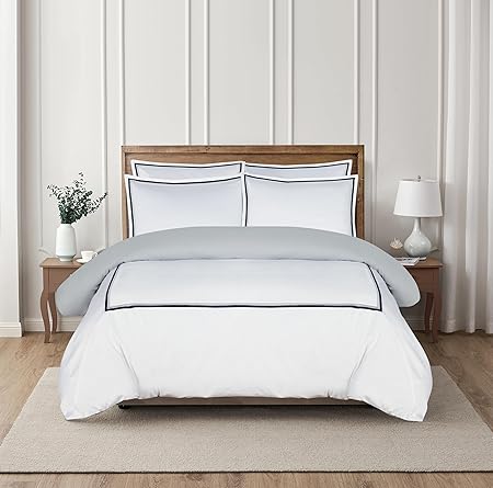 Majestic Giftware Madison Linen 6 Pcs King Size Bedding Set (BL57-K) | Lyon - Navy/Gray 400 TC Cotton Sateen Durable & Washable | 1 Fitted Sheet, 1 Duvet, 4 Pillowcases - Noble Collection