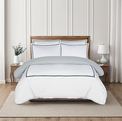 Majestic Giftware Madison Linen 6 Pcs King Size Bedding Set (BL57-K) | Lyon - Navy/Gray 400 TC Cotton Sateen Durable & Washable | 1 Fitted Sheet, 1 Duvet, 4 Pillowcases - Noble Collection