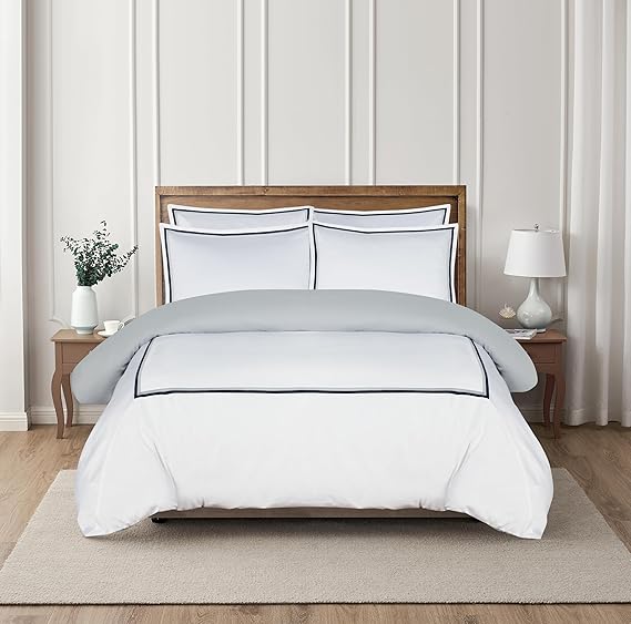 Majestic Giftware Madison Linen 6 Pcs King Size Bedding Set (BL57-K) | Lyon - Navy/Gray 400 TC Cotton Sateen Durable & Washable | 1 Fitted Sheet, 1 Duvet, 4 Pillowcases - Noble Collection
