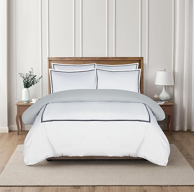 Majestic Giftware Madison Linen 6 Pcs King Size Bedding Set (BL57-K) | Lyon - Navy/Gray 400 TC Cotton Sateen Durable & Washable | 1 Fitted Sheet, 1 Duvet, 4 Pillowcases - Noble Collection
