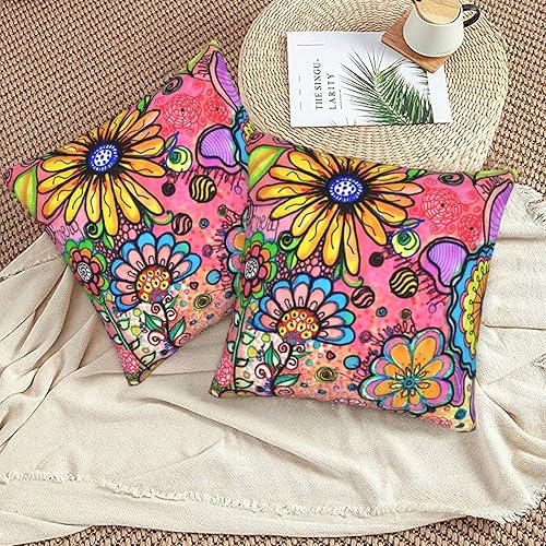 Miniatura 5 de Fiokroo Hippie Art Flower Doodles - Juego de 2 fundas de almohada cuadradas para sofá, dormitorio, sala de estar, automóvil, 18 x 18 pulgadas