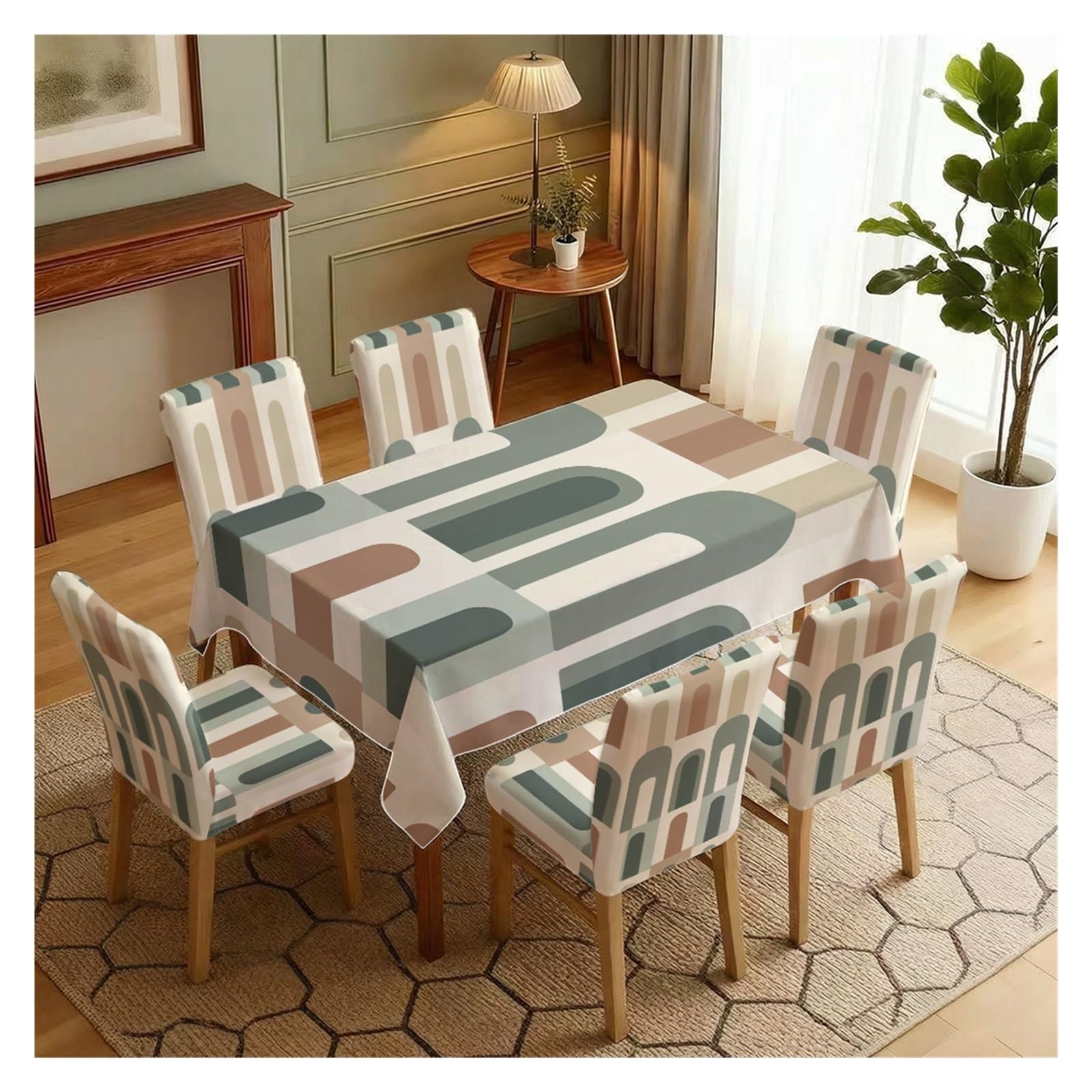 KXUAUV Mid-Century Arch Geometric Dining Tablecloth Set, 5/7 Piece Neutral Retro Table Cover & Chair Slipcovers For Modern, Minimalist & Warm Boho Home Party Decor(7pcs Set: Tablecloth+Chair Covers)