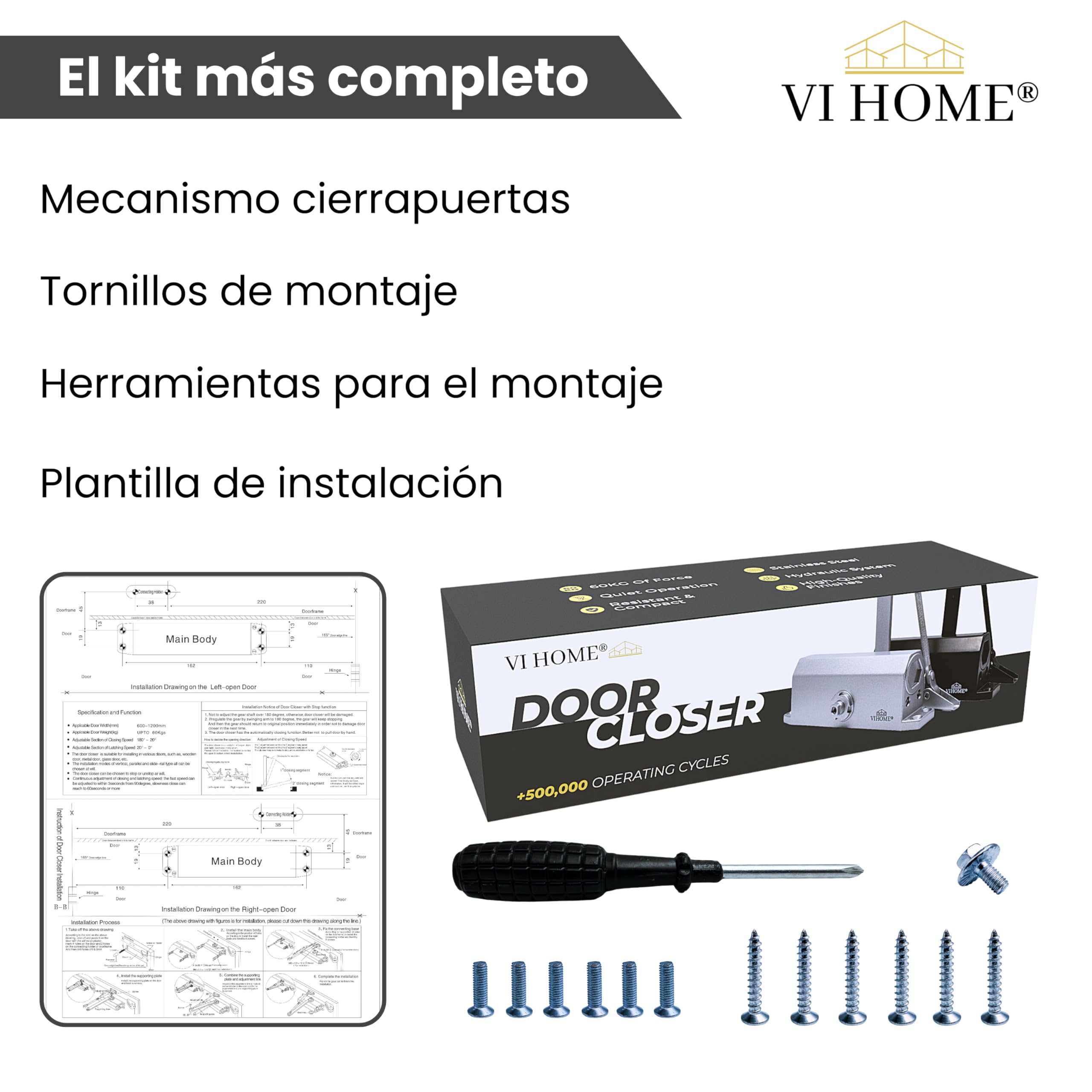 Cierrapuertas Automatico Ajustable Con Retenedor 60kg / Muelle Puerta Con Sistema Hidraulico/Cierra Puertas Automatico/Cierre Automatico (Blanco)