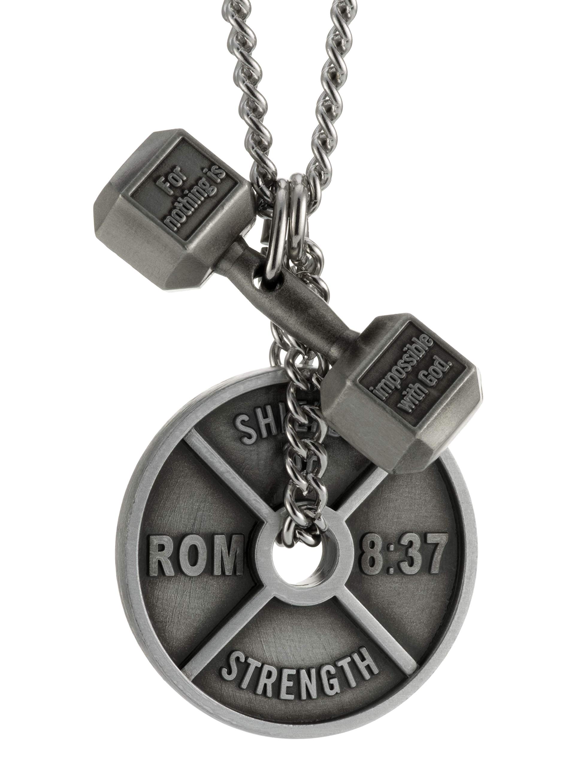Shields of Strength Men's Christian Fitness Necklace with Romans 8:37 & Luke 1:37, Stainless Steel Dumbbell, 18-30" Chain, Faith Gift