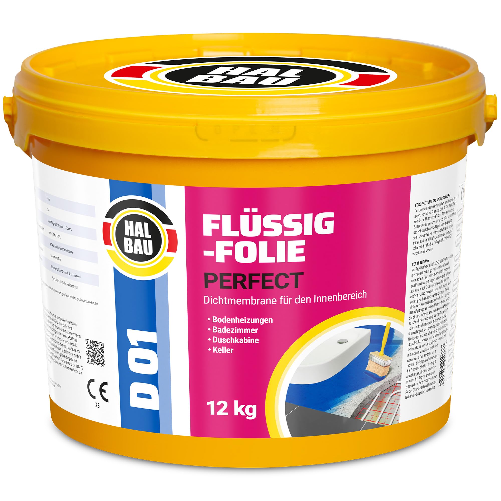 Flüssigfolie Profi 20kg, Abdichtung für Bad, Dusche, Innenbereich, Wassersperre unter Fliesen + Farbroller 25cm mit Bügel Set Halbau D01
